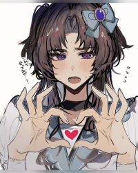  1boy ayase_ayato_(imamiya_pinoko) black_hair blush brown_hair choker crossdressing crossdressing_(mtf) fang finger_heart flying_sweatdrops heart highres imamiya_pinoko long_hair original simple_background skin_fang thick_eyebrows translated trap twintails two_side_up violet_eyes 