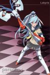 android aqua_hair axe battle_axe blue_hair highres knee_pads labrys long_hair mineta_naoki miniskirt persona persona_4 persona_4:_the_ultimate_in_mayonaka_arena pleated_skirt ponytail red_eyes school_uniform skirt solo very_long_hair weapon 
