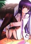  ass bag black_hair black_legwear black_panties blush flat_chest garter_straps highres inu_x_boku_ss lace lace-trimmed_thighhighs leg_hug long_hair looking_at_viewer no_pants on_floor open_clothes open_shirt panties paper paper_airplane purple_eyes school_bag shirakiin_ririchiyo sitting skirt skirt_removed solo swordsouls thigh-highs thighhighs underwear violet_eyes 