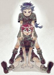  2boys :p aged_down ahoge blue_eyes blue_hair boots breast_pocket camouflage camouflage_jacket camouflage_pants child closed_mouth combat_boots ensemble_stars! full_body fushimi_yuzuru glasses hair_between_eyes hands_on_another's_shoulders hands_on_floor highres holding jacket looking_at_viewer low_ponytail messy_hair mole mole_under_eye multiple_boys on_floor pants pink_hair pocket ponytail rattail saegusa_ibara short_hair short_sleeves simple_background sitting smile socks spread_legs standing tongue tongue_out violet_eyes 