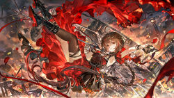  1girl ahoge armpits asymmetrical_dress black_boots black_gloves boots bracelet brown_gloves brown_hair brown_thighhighs dress earrings gloves highres holding holding_microphone_stand jewelry long_braid long_dress long_hair looking_at_viewer mento microphone microphone_stand mole mole_under_mouth outdoors outstretched_arm parted_lips red_dress red_eyes shoe_soles single_glove solo thigh-highs torn_clothes torn_thighhighs very_long_hair vocaloid vsinger_(vocaloid) yuezheng_ling 