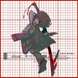  1girl black_coat black_hair black_pants black_shoes bob_cut closed_mouth coat coat_on_shoulders collared_shirt ehooooooost full_body grid_background highres limbus_company ootachi pants project_moon red_eyes ryoshu_(project_moon) shirt shoes short_hair solo white_shirt 