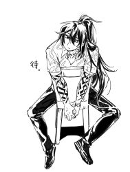  1boy arm_tattoo black_hair black_pants black_shoes chair collared_shirt full_body hawaiian_shirt heterochromia high_ponytail highres hong_lu_(project_moon) keisotu_kuruu limbus_company long_hair looking_at_viewer male_focus monochrome neck_tattoo pants ponytail project_moon shirt shoes short_sleeves simple_background sitting solo tattoo tingtang_gang_(identity)_(project_moon) white_background 