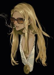  1boy absurdres black_background blonde_hair cigarette fate/grand_order fate_(series) gorilla_burning highres jacket jewelry long_hair looking_at_viewer male_focus medallion necklace open_mouth orange-tinted_eyewear shirt simple_background smoke smoke_trail smoking solo sunglasses tezcatlipoca_(fate) tinted_eyewear upper_body white_shirt 