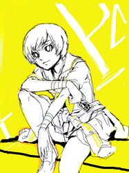  card jacket_around_waist jacket_tied_around_waist looking_away monochrome oekaki persona persona_4 satonaka_chie school_uniform serafuku shoes short_hair sitting solo title_drop yamizawa yellow 