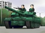  black_eyes black_hair braid building caterpillar_tracks copyright_request dead_people gun lamppost machine_gun military military_uniform military_vehicle multiple_girls north_korea open_mouth pokpung-ho ponytail soldier street tank uniform vehicle weapon 