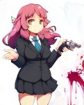  ano_natsu_de_matteru blazer blood blood_splatter brown_eyes formal gun handgun kitahara_mio long_hair necktie pink_hair revolver shrug simple_background skirt_suit snubnose solo suit trigger_discipline weapon weapon_request white_background zako_(arvinry) 