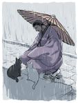  black_cat cat footwear geta japanese_clothes joka_(hiwai) kimono male original rain short_hair socks solo squatting 