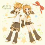  1girl bare_shoulders blonde_hair blue_eyes brother_and_sister dated detached_sleeves grin hair_ornament hairband hairclip hand_on_headphones happy_birthday headphones headset kagamine_len kagamine_rin mikanniro shorts siblings smile star twins vocaloid 