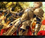  armor bad_id black_hair blonde_hair ea_(fate/stay_night) earrings fate/zero fate_(series) gilgamesh hand_on_hilt highres jewelry komecchi kumanokopoosan lancer_(fate/zero) letterboxed male multiple_boys polearm red_eyes spear title_drop weapon yellow_eyes 