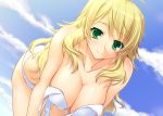  bent_over bikini blonde_hair breasts cleavage green_eyes hanging_breasts hoshii_miki idolmaster large_breasts long_hair looking_at_viewer miyai_max off_shoulder shiny shiny_skin smile solo swimsuit 