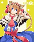  alice_margatroid animal_ears blue_eyes brown_hair capelet cat_ears cat_tail character_name dress hairband highres kinsenka smile solo tail touhou 