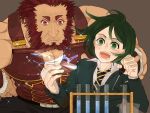  2boys armor bangs beard blush chemistry_set chihare_27 facial_hair fate/zero fate_(series) green_eyes green_hair multiple_boys parted_bangs red_eyes red_hair redhead rider_(fate/zero) size_difference sparkle test_tube waver_velvet 