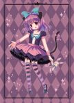  animal_ears argyle argyle_background bow cat_ears flat_chest hair_bow highres kuromaru looking_at_viewer open_mouth original purple_eyes purple_hair ribbon smile solo striped striped_legwear stuffed_animal stuffed_toy thigh-highs thighhighs violet_eyes 