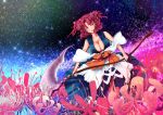  bare_shoulders breasts cleavage flower hair_bobbles hair_ornament highres masaki_shin night night_sky onozuka_komachi red_eyes red_hair redhead scythe short_hair skirt sky solo spider_lily star_(sky) starry_sky touhou twintails 