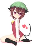  animal_ears bad_anatomy black_legwear blush bottomless brown_hair cat_ears cat_tail chen earrings footwear hat heart highres jewelry morinaoekaki multiple_tails no_pants open_mouth shirt_tug short_hair sitting socks solo tail touhou 