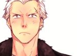  bleached_hair blush crew_cut delinquent earrings fur_coat fur_trim goodbye grey_eyes jewelry looking_at_viewer male persona persona_4 piercing saeuchobab scar short_hair silver_hair solo tatsumi_kanji tears white_hair widow&#039;s_peak widow's_peak 