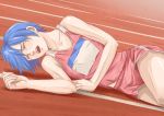  blue_hair closed_eyes eyes_closed gym_uniform lying on_side open_mouth original saliva short_hair shorts solo sweat tomoshiki track track_and_field 