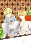  1girl ahoge apple_inc. argyle argyle_background blonde_hair casual computer cup fate/zero fate_(series) gilgamesh green_eyes kotomine_kirei macintosh mug red_eyes saber sevenann v-neck 