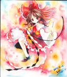  bow brown_eyes brown_hair detached_sleeves gohei hair_bow hair_tubes hakurei_reimu japanese_clothes miko mosho solo touhou traditional_media 