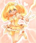  bike_shorts blonde_hair bowtie brooch choker cure_peace dress heart hibiglasses highres jewelry kise_yayoi long_hair magical_girl pink_background precure shoes shorts_under_skirt skirt smile smile_precure! solo v yellow yellow_dress yellow_eyes 