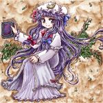  book bow crescent dress hair_bow hat holding holding_book leaf long_hair nanashii_(soregasisan) patchouli_knowledge purple_eyes purple_hair shadow smile solo striped touhou vertical_stripes violet_eyes 