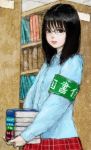  armband black_eyes black_hair book carrying glasses library looking_at_viewer original plaid pon skirt solo 
