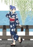  bag blue_hair hair_bun idolmaster japanese_clothes kimono kisaragi_chihaya long_hair sandals solo teru_(grafroller) tyacky yukata 