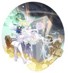  1girl blue_hair bouquet couple dress flower formal gloves goggles goggles_on_head multicolored_hair mus59ga nia_teppelin outstretched_arms simon tengen_toppa_gurren_lagann tuxedo two-tone_hair white_dress young 