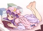  barefoot blush book commentary commentary_request crescent dress feet hat iromeki_overdrive long_hair lying on_stomach patchouli_knowledge purple_eyes purple_hair soles solo toes touhou violet_eyes 