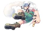  belt blue_eyes boots bow citolo floating from_below grey_hair hair_bow hitodama konpaku_youmu konpaku_youmu_(ghost) looking_at_viewer short_sleeves shorts solo sword touhou weapon white_background 