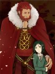  armor bangs beard bob_cut cape chihare_27 facial_hair fate/zero fate_(series) green_eyes green_hair male multiple_boys parted_bangs red_eyes red_hair redhead rider_(fate/zero) size_difference waver_velvet 