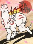  animal fire fur joka_(hiwai) looking_at_viewer no_humans okami ookami_(game) parody petals solo translated 