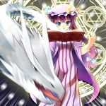  :o bad_id blue_eyes book bow crescent dragon dx_(dekusu) hair_bow hat hat_bow hexagram highres ikuodx long_hair magic motion_blur mound_of_venus navel open_mouth patchouli_knowledge purple_hair solo touhou vertical_stripes 