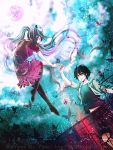  1boy 1girl butterfly closed_eyes dutch_angle eyes_closed hatsune_miku long_hair reaching skirt suu_(knzksu) thigh-highs thighhighs twintails very_long_hair vocaloid wings 