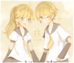  1girl :d ;) alternate_hairstyle blonde_hair blue_eyes brother_and_sister detached_sleeves genderswap kagamine_len kagamine_lenka kagamine_rin kagamine_rinto mikanniro open_mouth ponytail siblings smile twins vocaloid wink 