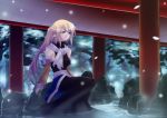  alternate_costume alternate_hair_length alternate_hairstyle black_dress blonde_hair detached_sleeves dress green_eyes half_updo hazuki_rui lights long_hair mizuhashi_parsee pointy_ears ponytail river scarf sitting_on_rock skirt solo touhou under_bridge water 