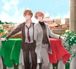 ahoge axis_powers_hetalia blush brothers brown_hair cloud cup flag flower formal frown glass green_eyes hair_intakes head_tilt highres italian_flag long_sleeves looking_at_viewer male multiple_boys necktie northern_italy_(hetalia) nwtm open_clothes open_jacket pants scenery shaded_face shirt siblings sky smile southern_italy_(hetalia) striped striped_pants striped_shirt suit vest white_shirt wine wine_glass yellow_eyes 