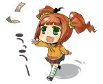  :d brown_hair chibi green_eyes hitsuji_bako hoodie idolmaster open_mouth running simple_background skirt smile solo striped striped_legwear takatsuki_yayoi thigh-highs thighhighs translated translation_request twintails white_background 
