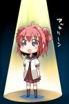  :d ahoge akaza_akari blush double_bun hitsuji_bako open_mouth purple_eyes red_hair redhead school_uniform smile solo spotlight standing translated translation_request violet_eyes yuru_yuri 