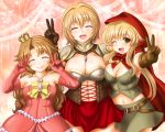  blonde_hair breasts brown_hair cleavage closed_eyes double_v eyes_closed lancer_(red_stone) long_hair multiple_girls navel red_stone shin&#039;en_(gyokuro_company) shin'en_(gyokuro_company) short_hair v wink yellow_eyes 