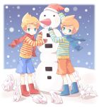 blue_eyes brothers bunny child claus hat looking_at_viewer lucas mother_(game) mother_3 multiple_boys rabbit santa_hat scarf shirt short_hair shorts siblings snowing snowman striped striped_shirt tonamiko 