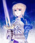  ahoge armor armored_dress blonde_hair blue_eyes dress excalibur fate/stay_night fate_(series) gauntlets meutan131 saber solo sword weapon 