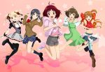  4girls akizuki_ryou antenna_hair armpits arms_up blazer blonde_hair boots brown_hair chopsticks cineraria cross-laced_footwear detached_sleeves dress frills halter_top halterneck hidaka_ai hina_(nicoseiga) hoodie idolmaster idolmaster_dearly_stars jumping k-on! k-on!_movie lace-up_boots leg_lift long_hair mary_janes midriff mizutani_eri multiple_girls navel parody pleated_skirt rice_bowl sakurai_yumeko school_uniform shirt_around_waist shoes short_hair shorts side_ponytail skirt striped suzuki_ayane thigh-highs thighhighs trap twintails wrist_cuffs 