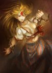  blonde_hair breasts chain chains collarbone fingernails highres horn hoshiguma_yuugi large_breasts long_fingernails long_hair mak_(kainemaru) midriff navel open_clothes open_shirt pointy_ears raised_fist red_eyes red_nails shackle shirt skirt smirk solo striped striped_skirt touhou 