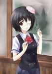  another aoi_usagi black_hair bowtie eyepatch flower hair_flower hair_ornament misaki_mei red_eyes school_uniform 