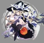  :q apple blonde_hair boots bow broom food fruit hat hat_bow highres kirisame_marisa long_hair solo sotsunaku tongue touhou witch witch_hat wrist_cuffs yellow_eyes 