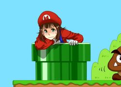  brown_hair crossover drainpipe fang gloves goomba green_eyes hat idolmaster md5_mismatch overalls peaked_cap peaked_hat pipe super_mario_bros. tonkotsu_kurage warp_pipe 