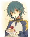  aqua_hair cake food holding inazuma_eleven inazuma_eleven_(series) inazuma_eleven_go kariya_masaki kurodeko male mouth_hold plate solo spoon yellow_eyes 