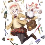  alice_margatroid alternate_costume bag bespectacled black_legwear blonde_hair blue_eyes bow boxcutter calligraphy_brush contemporary eraser glasses hair_bow hairband ink_well inkwell mochiki paintbrush pantyhose pen pencil plaid plaid_skirt ruler school_uniform scissors shanghai_doll skirt solo stapler sweater touhou 